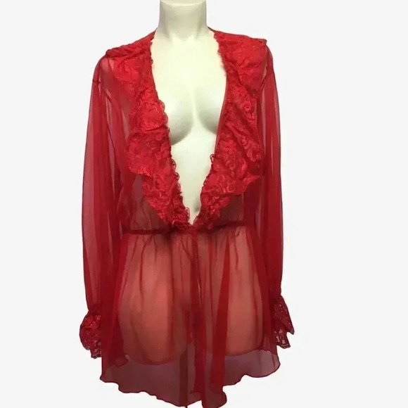 Red Lace & Mesh Cover Up Kimono Robe - Picture 1 of 7